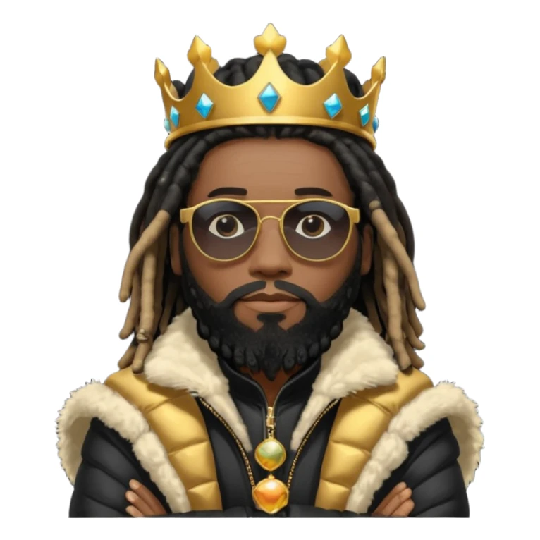 African American man with shoulder length black dreadlocks with black beard wearing  dark black sunglasses with a black bubble winter coat wearing a crown with arms folded sticker