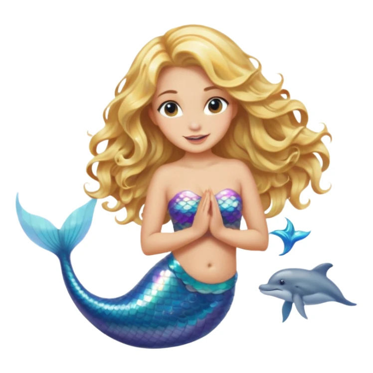 Mermaid with blonde wavy hair, light skin, with a dolphin sticker