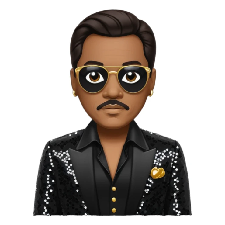 Charlie Wilson with dark brown hair, black sequin outfit sticker