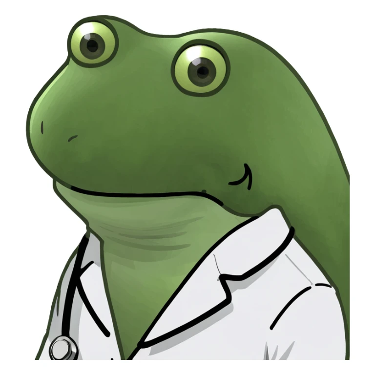 bufo frog wearing a white doctor's coat, sad eyes looking directly at the camera sticker