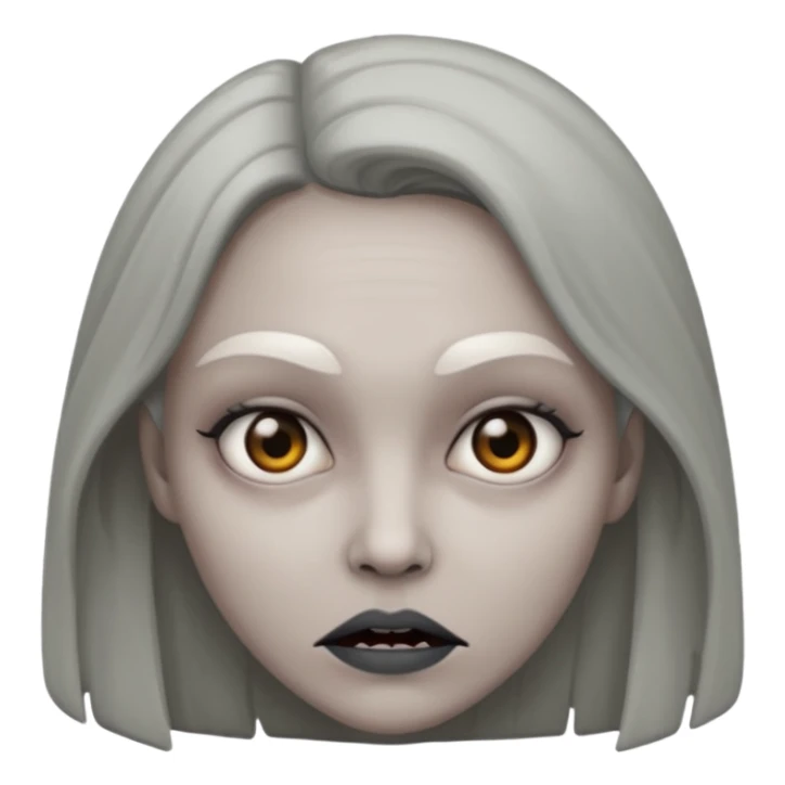 woman with gray skin and a creepy face sticker
