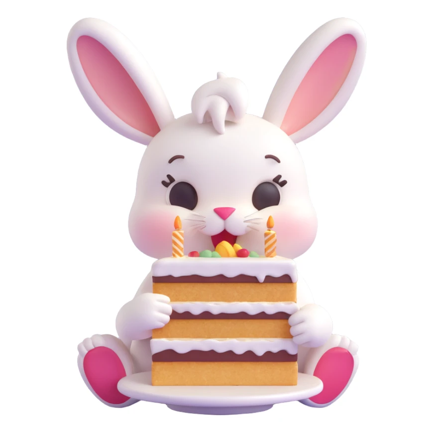 cute rabbit eating cake, 3D emoji style sticker