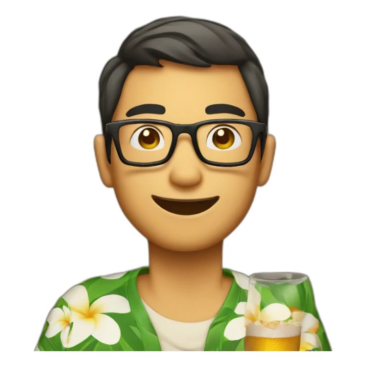 Japanese wearing glasses alohashirt is holding beer sticker