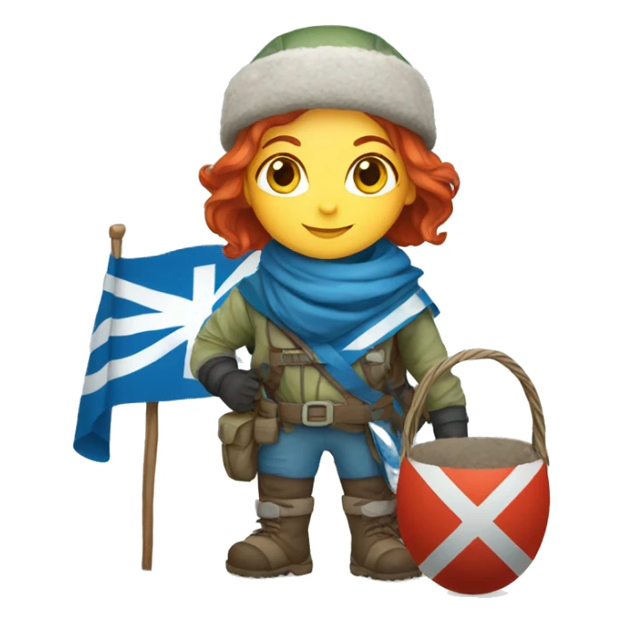 female winter mountaineer red hair holding greek flag and easter egg sticker