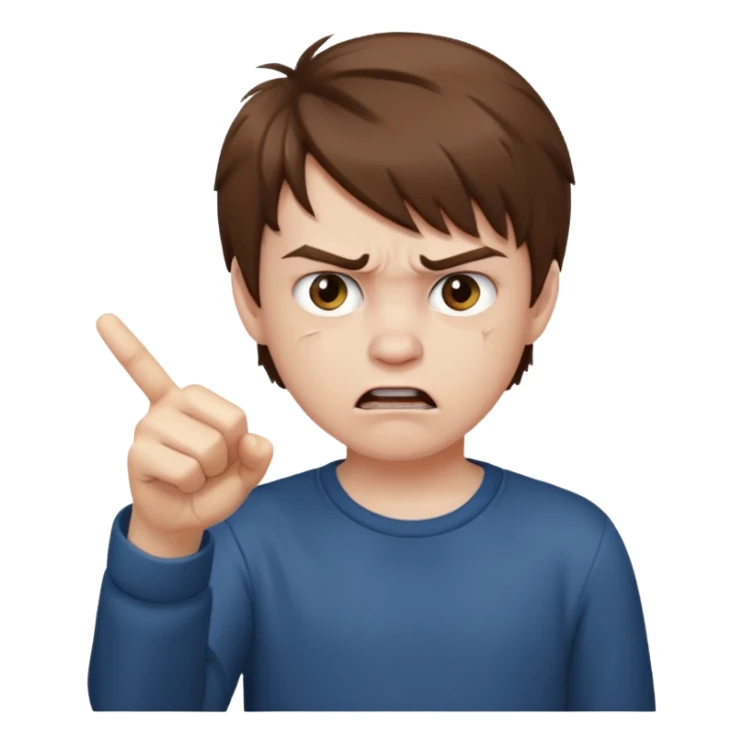 angry young boy pointing fingure at his own face sticker