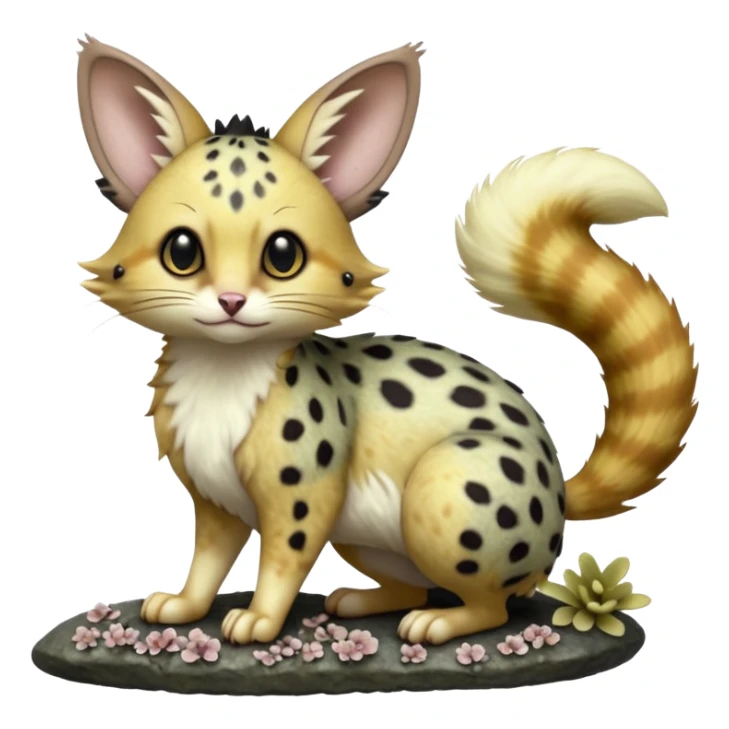 Hyper realistic  lichen-grey fur peppered with glowing fungus dots and damp stone tones beautiful elegant pretty precious cute  Fakémon-Pokémon-opossum-feline-serval-caracal-chinchilla-Furret-Minccino-hybrid-creature with a big fluffy bushy tail (full body) sticker