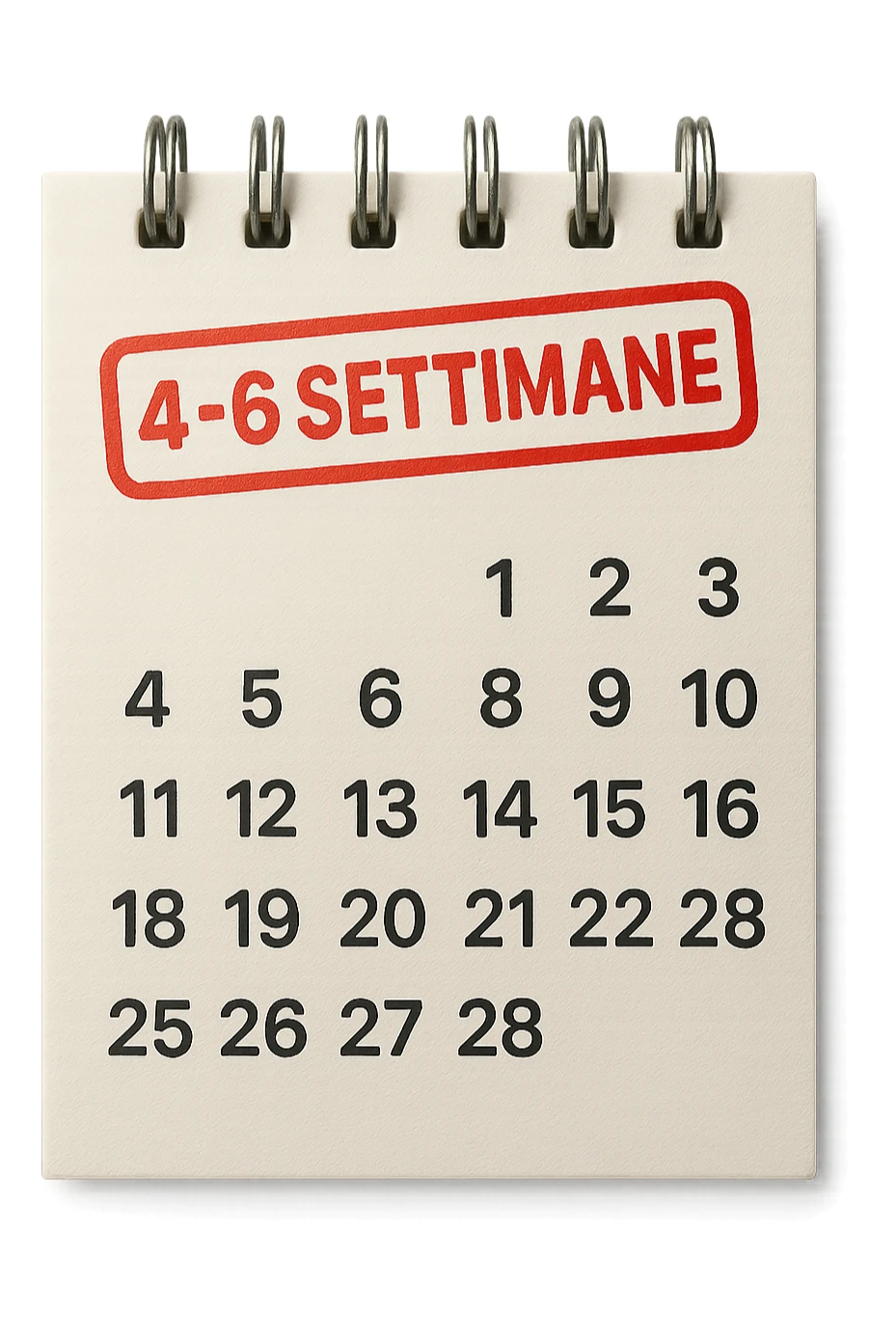 foglio di calendario con le date scritte, con timbro rosso con la scritta "4-6 settimane" sopra, stile emoji iphone, iperrealistico 4k sticker