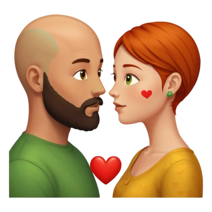 Couple. Bald man with dark brown-black beard. Woman with freckles, white skin and she has orange, auburn-yellow-brown hair. She has light yellow-green-brown eyes. He have hazel eyes. They look at each other. Many small red hearts around them. sticker