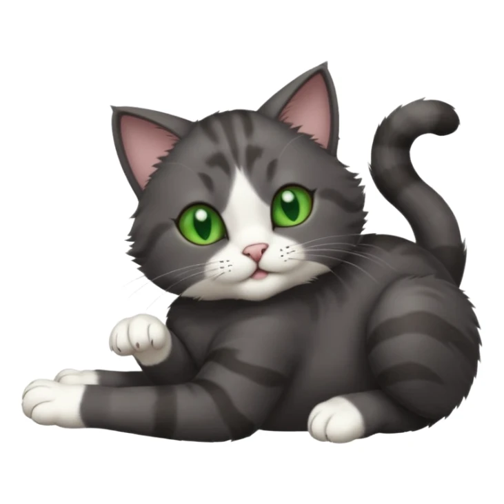 solid dark grey cat with green eyes, white toes/paws and white patch on her chest playfully rolling upside down sticker