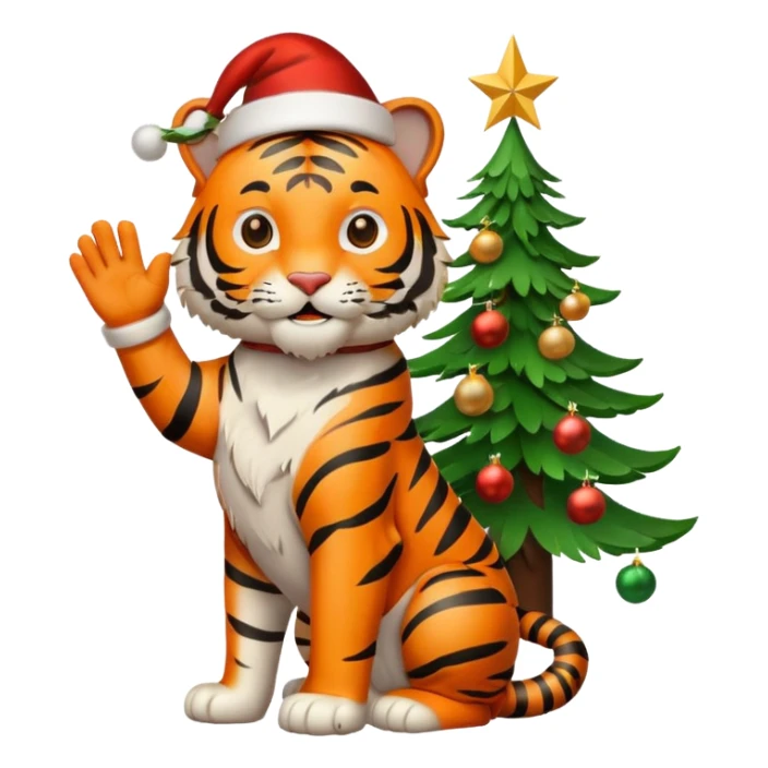 Happy tiger waving by a Christmas tree wearing a Santa hat sticker