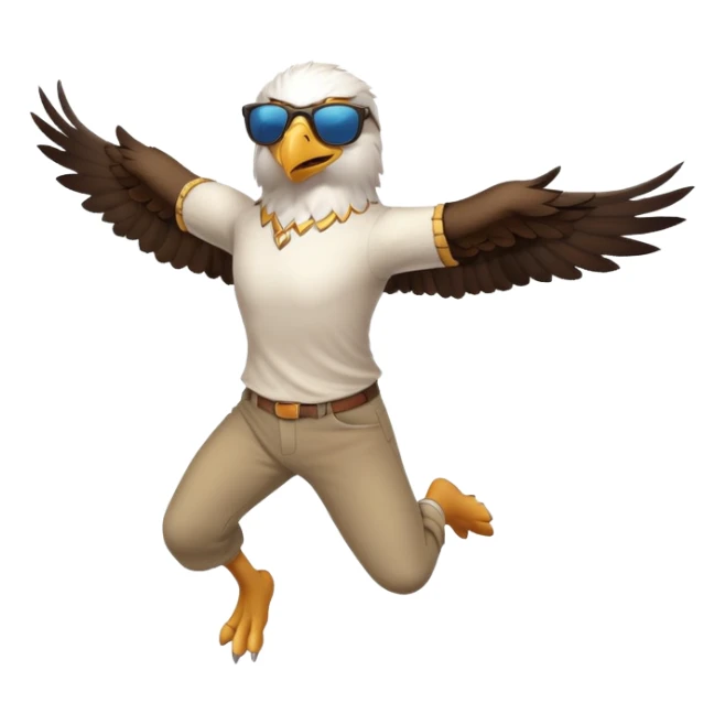 friendly anthropomorphised male eagle in a shirt and pants with sunglasses leaping energetic pose sticker