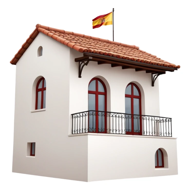 White stucco Spanish villa with red clay tile roof, arched windows, with Spanish flag (red-yellow-red horizontal stripes) hanging from the balcony sticker