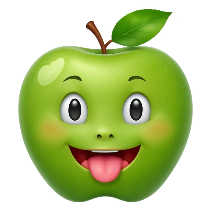 create a happy green apple with a face showing the tongue on IOS style sticker