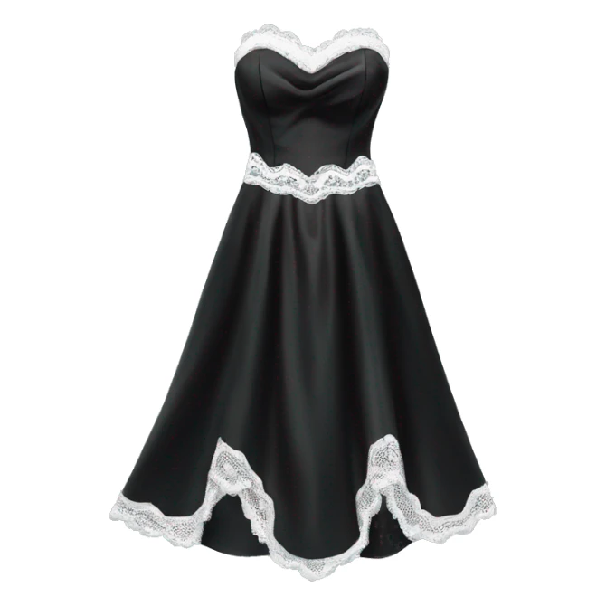 Realistic isolated black silk strapless dress with white lace. sticker
