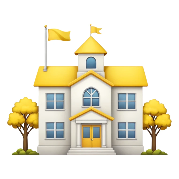 white background, magic school, with a flag, flag on a roof, yellow flag, white school sticker