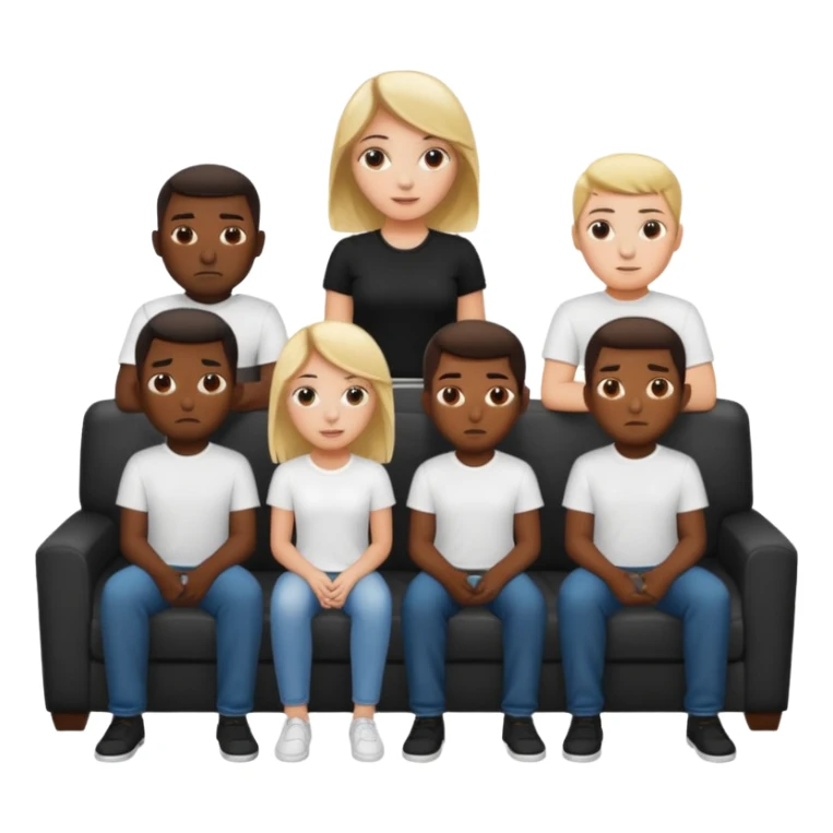 A white girl sitting alone on a couch with 5 black men in white shirts behind the couch sticker