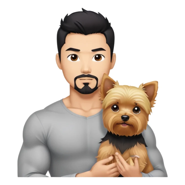 Dark haired Korean Asian handsome muscular man with black pointy hair full goatee.   Holding one blonde yorkie.  sticker