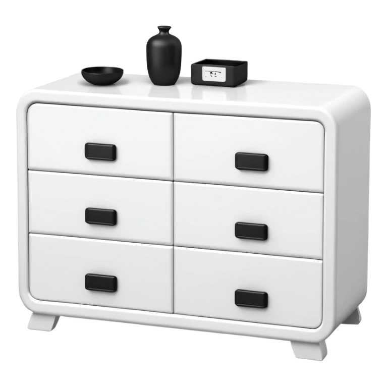 A sleek white 6-drawer chest with black knobs — like six quiet doors holding hidden treasures, balancing crisp light and grounding dark, ready to guard your essentials with minimalist charm. sticker