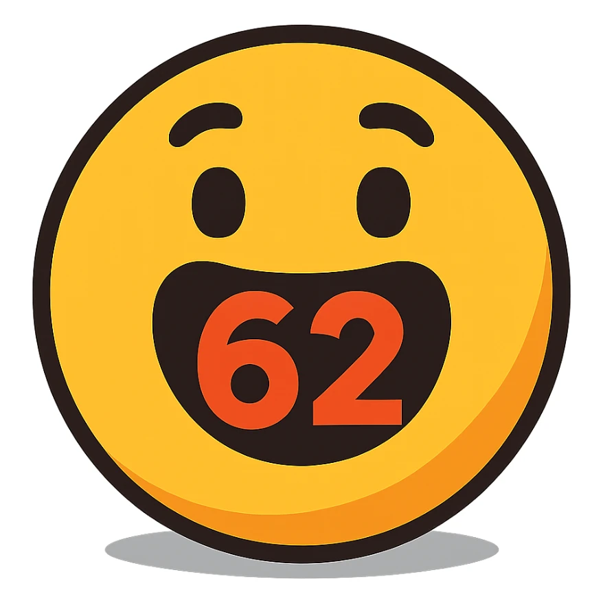 number 62 cheerful cartoon emoji style slight shadow sticker
