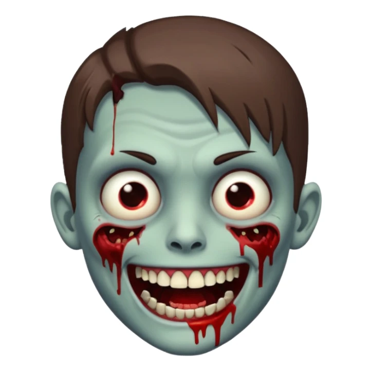 zombie boy with medium-length brown hair, white skin, and white eyes; an open smile, and bloodied teeth; sticker