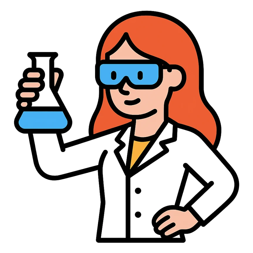a beautiful girl scientist examining a beaker confident pose flat vector illustration style sticker