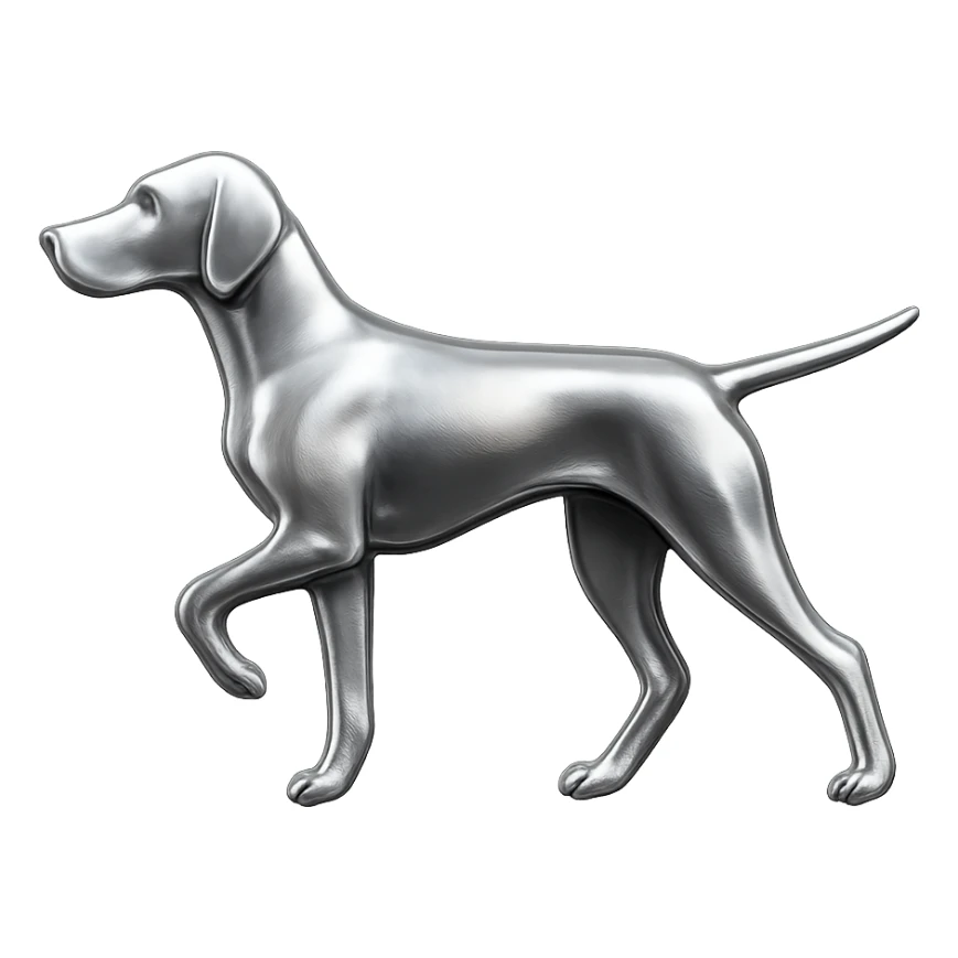               Apply a high-end, photorealistic metallic chrome material to the provided {subject}. The material should have a smooth, slightly curved surface with subtle reflections and soft shadows, resembling brushed or polished silver metal. Preserve the exact shape, proportions, and design of the original object. Set it against a solid black background (#000000) in 8K resolution. The lighting should enhance the beveled edges and reflective highlights, creating a sleek, premium finish. {subject} = dog pointing left sticker