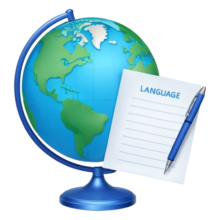 Create an emoji representing language translation. The design should feature a globe in the background, symbolizing international communication. In front of the globe, place two books or sheets of paper with texs on them and a pen nearby to indicate the act of writing. Use a clean and professional color palette with blues, greens, and neutral tones. Make the background transparent. sticker
