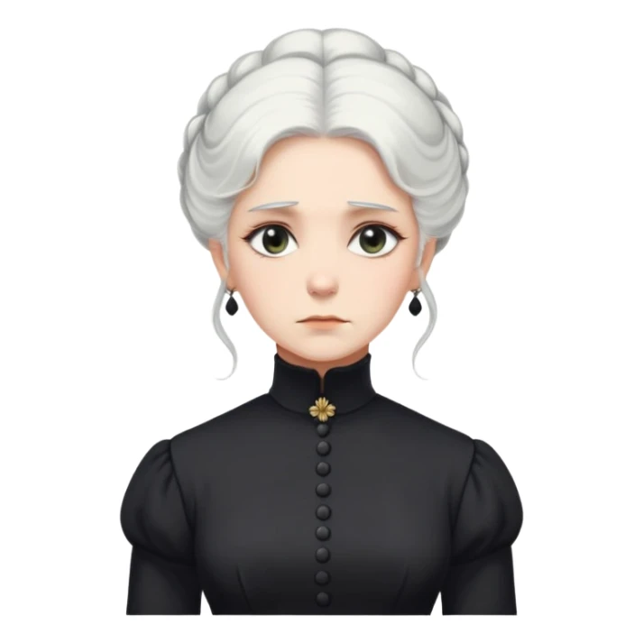 A Victorian woman with elegant coiffed white hair and light eyes wearing a modest black turtleneck mourning dress looking down with a forlorn expression sticker