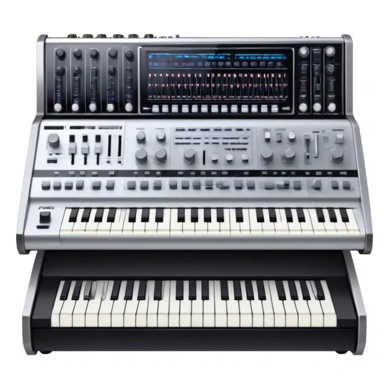 Create a professional and detailed emoji that represents sound design equipment. The design should feature a high-end Korg synthesizer, a sound mixing console, and a control panel with audio cables connecting to large studio speakers. Surround the equipment with sound waves made of musical notes to symbolize the creative process of shaping sound. Use sleek colors like silver, black, and neon accents to highlight the high-tech nature of the equipment. The background should be transparent. sticker
