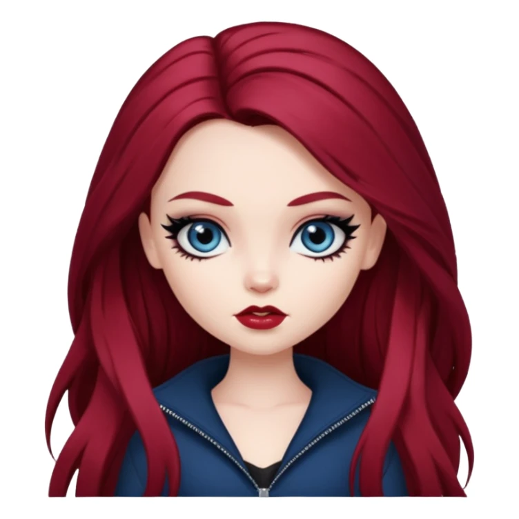 pale skin, girly bratz baddie, beautiful dark blue eyes, sharp black eyeliner, long dark red hair sticker