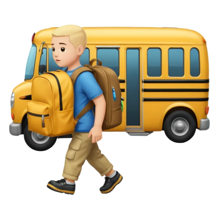Autistic kid white buzz cut blonde hair and backpack going to his short bus sticker