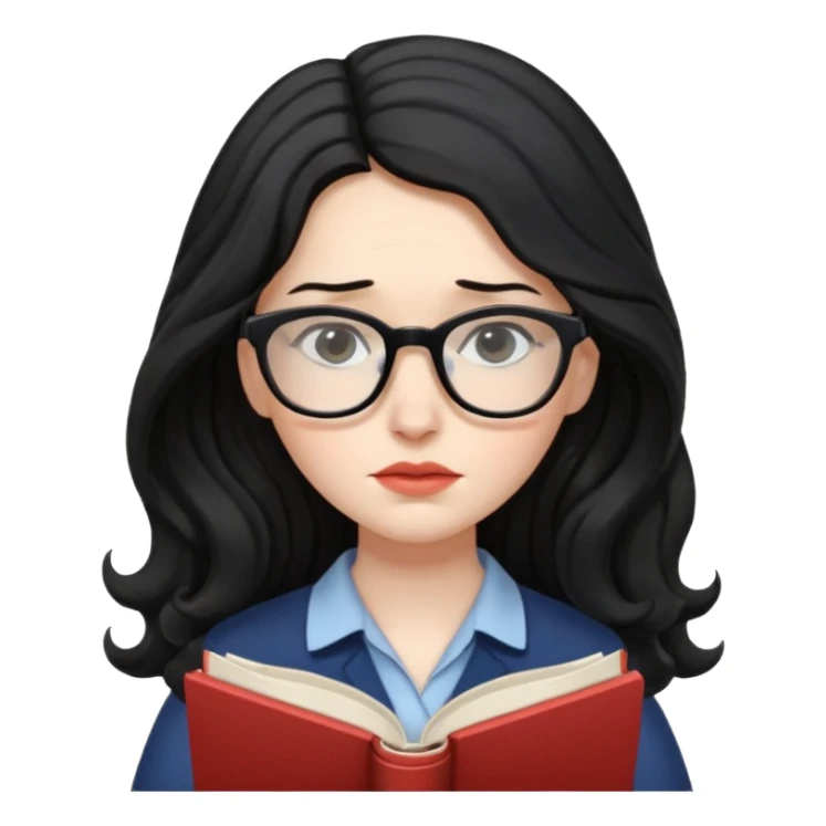 Long Hair Women with Book, Black wavy hair, sad

 sticker