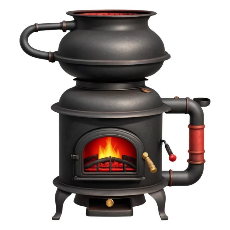 Vintage pot-belly coal stove from early 1900s with chimney pipe, rustic black iron with red glowing coals inside sticker