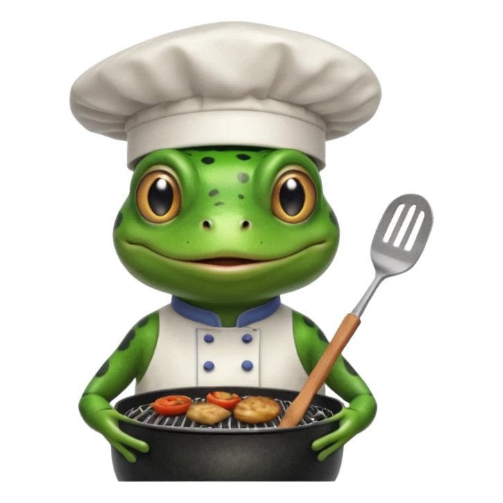 create a weber grill with frog whos wearing chefs hat and cooking on bq sticker