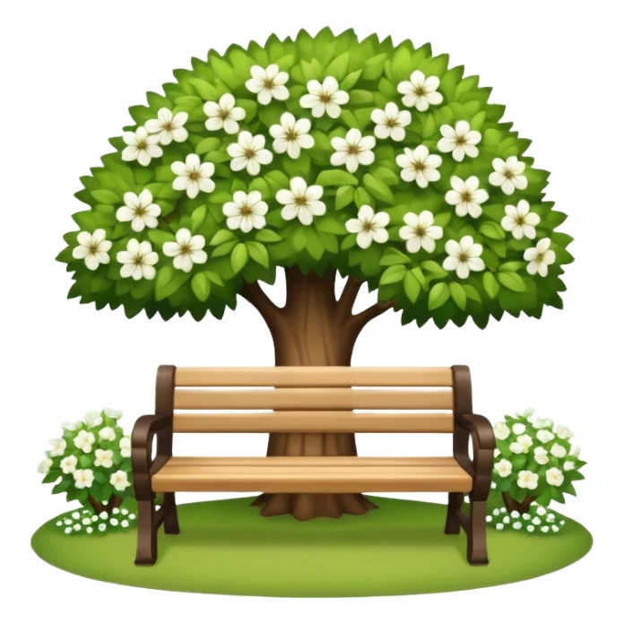 beautiful bench against the background of a tree with blooming white flowers sticker