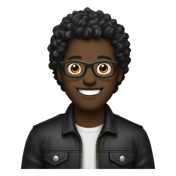 programmer, with dark skin (not so dark), square glasses, wavy hair, wearing a black leather jacket and smiling (show teeth.) sticker