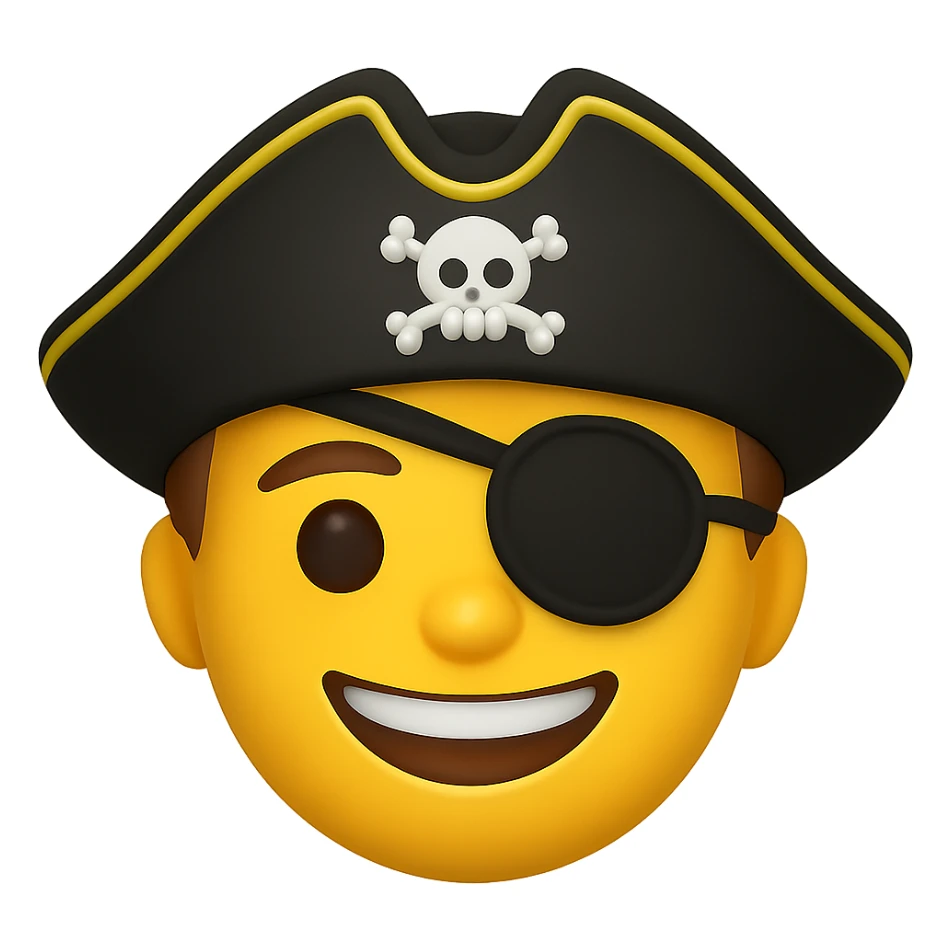 Add an eye patch over the blindfold for the pirate. Keep the pirate hat and smiling expression. Render in emoji style with transparent background. sticker