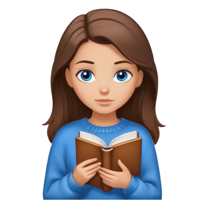 White girl brunette with blue eyes in a cozy brown sweater looking down holding a book sticker