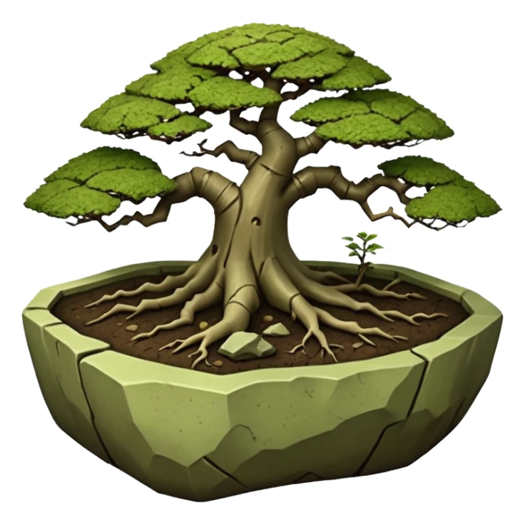 Roots Stoneware akadama soil mossy irregular angular Stone Age rocks cracked and broken forming a very shallow bonsai pot sans(without) tree  sticker