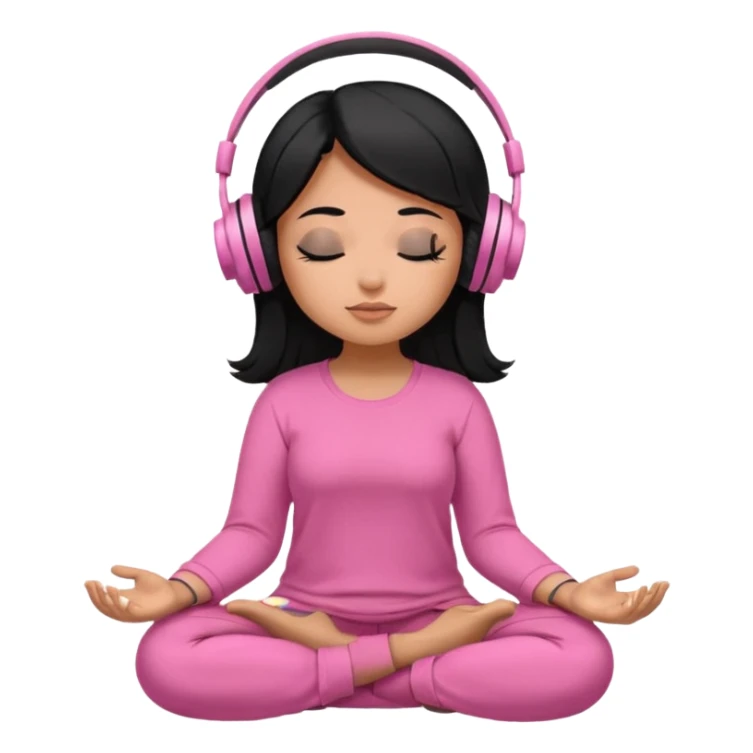 Chica de pelo negro Cabello grande con piel parda con los ojos cerrados escuchando musica en audifonos y con camisa rosa mientras medita sticker