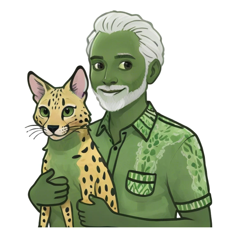 Man with white hair holding one African serval sticker
