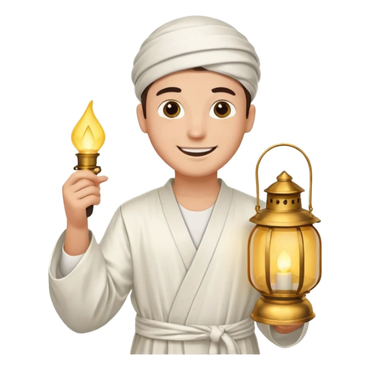 Young man with a happy smile, wearing a traditional white thobe and holding a lantern. sticker