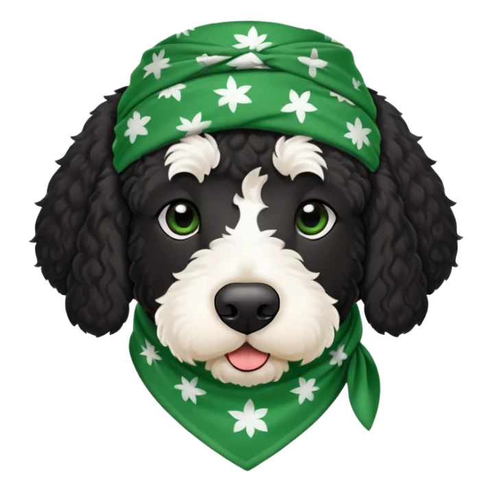 Black bernadoodle with white around mouth and big white eyebrows wearing green bandanna  sticker