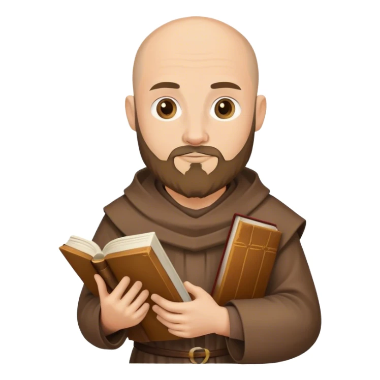 A medieval monk with a 3 day beard and a book sticker