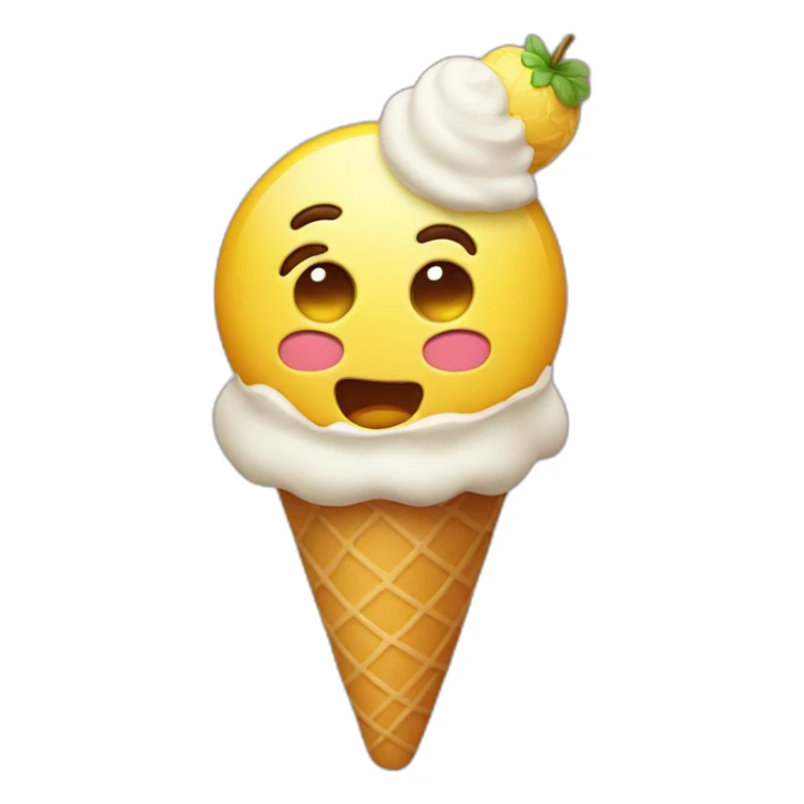Classic yellow face emoji, with a silly face and an ice cream cone on his forehead sticker