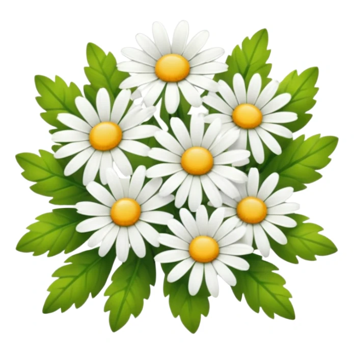 cluster of white daisies with yellow centers and green leaves, smooth and glossy look, transparent background sticker