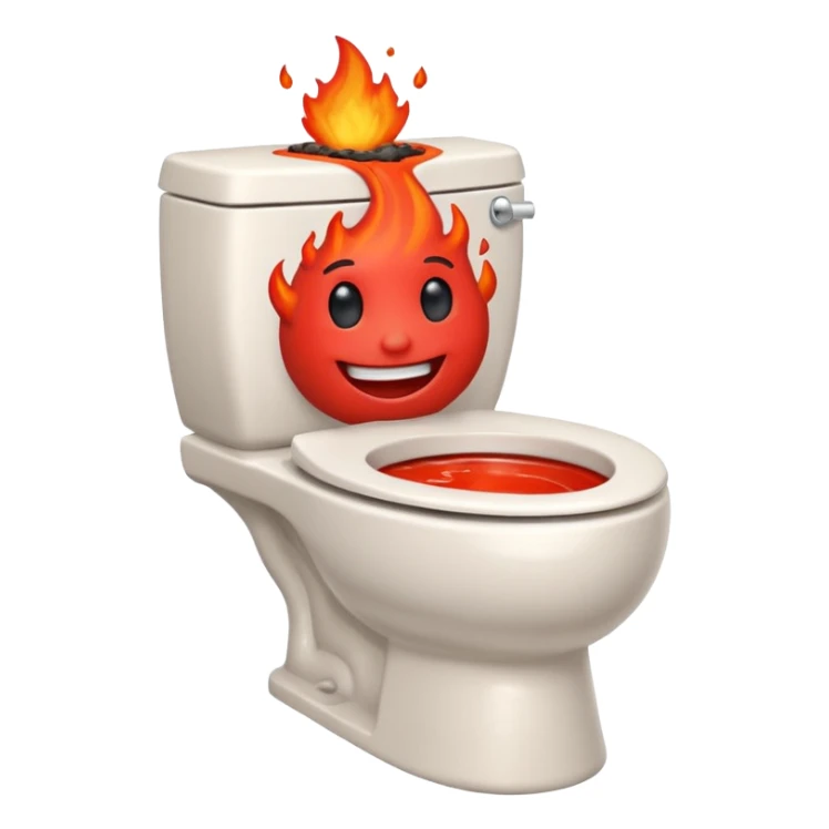 A smiling, happy, white-colored toilet with lava coming from its bowl sticker