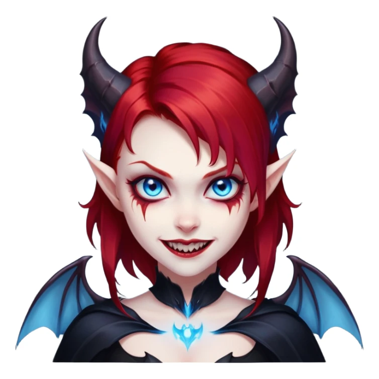 extremely diabolical girl with demonic bat wings, blood red hair, glowing blue eyes, black hellfire aura, sharp horns, evil grin sticker