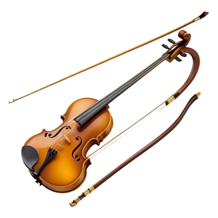  "Create a detailed and elegant emoji representing the Hans Klein HKCB cello bow. The design should feature the bow’s sleek, polished wooden stick with delicate, smooth curves, and fine detailing on the frog and winding. The bow hair should be visible, taut and neatly arranged. Add subtle metallic accents around the frog to emphasize the quality craftsmanship. Use rich brown and gold tones for the bow, with slight highlights on the silver and ebony components. The background should be transparent. sticker