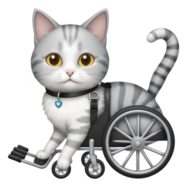 disabled grey and white cat using cat wheelchair sticker